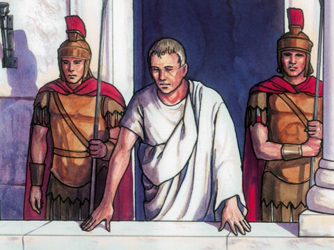 Então Pilatos saiu para falar com eles e perguntou: “Que acusação vocês têm contra este homem?” – Slide número 4