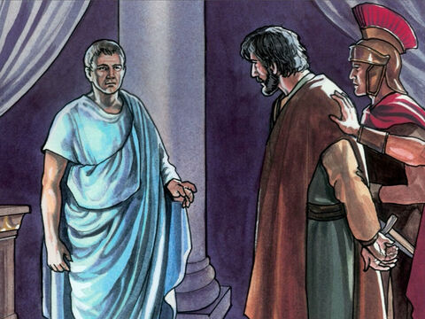 Pilatos então voltou para o Pretório, chamou Jesus e lhe perguntou: “Você é o rei dos judeus?” – Slide número 8