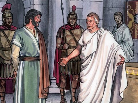 Respondeu Pilatos: “Acaso sou judeu? Foram o seu povo e os chefes dos sacerdotes que entregaram você a mim. Que é que você fez?” – Slide número 10