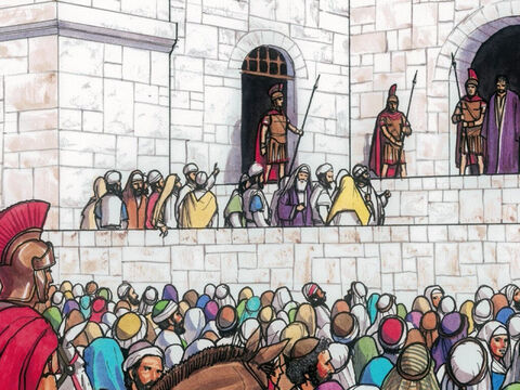 Mas os chefes dos sacerdotes e os líderes religiosos convenceram a multidão a que pedisse Barrabás e mandasse executar Jesus. – Slide número 7