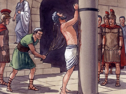 Então Pilatos mandou açoitar Jesus. – Slide número 9