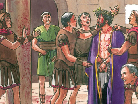 Vestiram-no com uma capa de púrpura, e, chegando-se a ele, diziam: “Salve, rei dos judeus!” E batiam-lhe no rosto. – Slide número 11