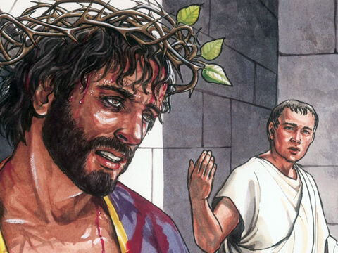Quando Jesus veio para fora, usando a coroa de espinhos e a capa de púrpura, disse-lhes Pilatos: “Eis o homem!” – Slide número 2