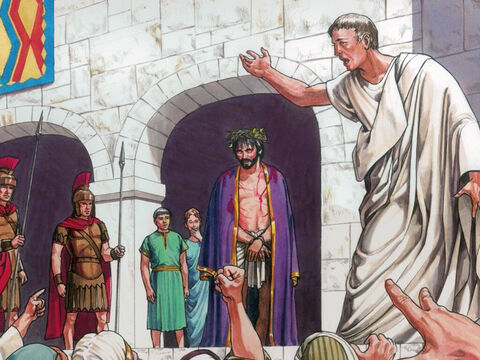 Mas Pilatos respondeu: “Levem-no vocês e crucifiquem-no. Quanto a mim, não encontro base para acusá-lo”. – Slide número 4