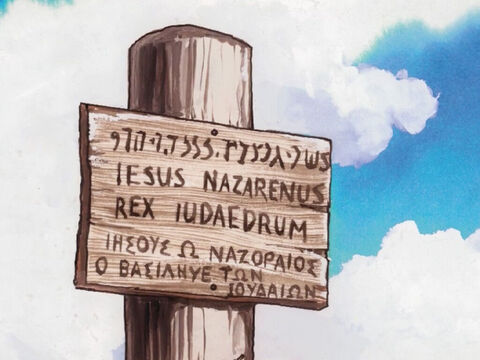 Pilatos mandou preparar uma placa e pregá-la na cruz, com a seguinte inscrição: JESUS NAZARENO, O REI DOS JUDEUS. – Slide número 9