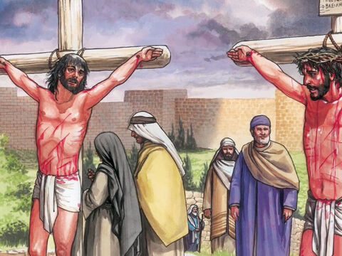 Os que foram crucificados com ele também o insultavam. Um dos criminosos que ali estavam dependurados lançava-lhe insultos: “Você não é o Cristo? Salve-se a si mesmo e a nós!” – Slide número 3