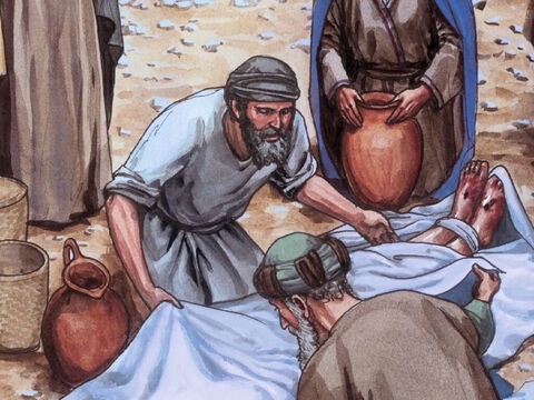 Tomando o corpo de Jesus, os dois o envolveram em faixas de linho, com as especiarias, de acordo com os costumes judaicos de sepultamento. – Slide número 9