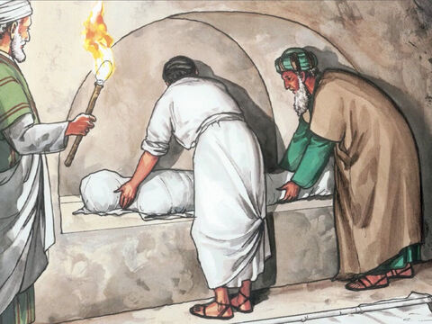 Por ser o Dia da Preparação dos judeus, e visto que o sepulcro ficava perto, colocaram Jesus ali. – Slide número 11