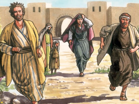Pedro e o outro discípulo saíram e foram para o sepulcro. Os dois corriam, mas o outro discípulo foi mais rápido que Pedro e chegou primeiro ao sepulcro. – Slide número 13