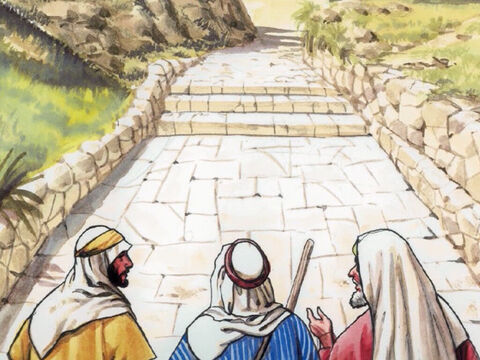 Ao se aproximarem do povoado para o qual estavam indo, Jesus fez como quem ia mais adiante. – Slide número 19