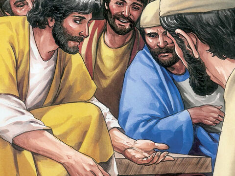 E Jesus disse a Tomé: “Coloque o seu dedo aqui; veja as minhas mãos. Estenda a mão e coloque-a no meu lado. Pare de duvidar e creia”. – Slide número 10