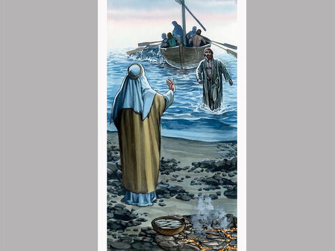 Os outros discípulos vieram no barco, arrastando a rede cheia de peixes, pois estavam apenas a cerca de noventa metros da praia. – Slide número 8