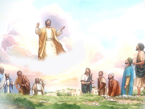 … ‘Homens da Galiléia, por que vocês estão aqui olhando para o céu? Este mesmo Jesus que foi elevado de vocês para o céu voltará da mesma maneira que vocês o viram ir para o céu. ' – Slide número 10
