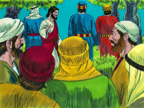 Eles foram para um olival chamado Jardim do Getsêmani. Jesus levou Pedro, Tiago e João com ele e disse aos outros: "Sentem-se aqui, enquanto eu vou orar." – Slide número 5
