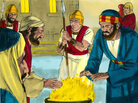 Pedro seguiu, direto para o pátio do sumo sacerdote e sentou-se com os guardas, se aquecendo ao fogo. – Slide número 13