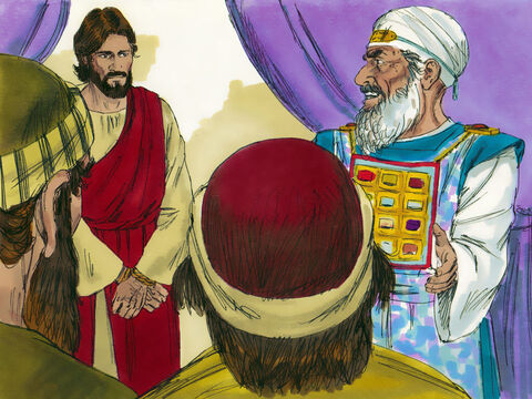 "Você não vai responder?" perguntou o sumo sacerdote a Jesus. Mas Jesus permaneceu em silêncio. – Slide número 16