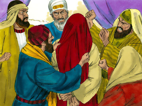 Alguns começaram a cuspir em Jesus. Eles O vendaram, bateram nele com os punhos e disseram: “Profetize!” E os guardas o pegaram e o espancaram. – Slide número 19