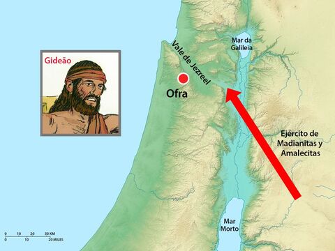 Logo depois, os exércitos de Midiã, Amaleque e o povo do leste formaram uma aliança contra Israel e cruzaram o Jordão, acampando no vale de Jezreel. – Slide número 12