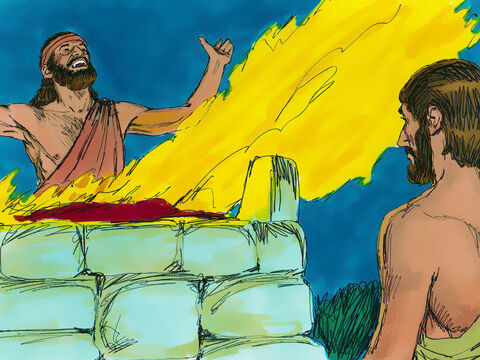 Então ele fez um altar para Deus, colocou a madeira do bosque de Aserá nele e sacrificou o touro a Deus. – Slide número 10