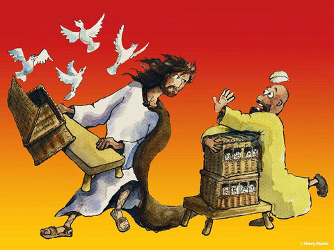 Jesus estava profundamente aborrecido com o que Ele viu acontecendo. Eles libertou as pombas! – Slide número 4