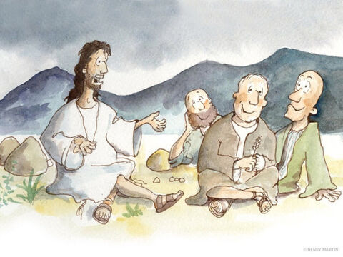 Então Jesus sentou com seus discípulos e começou a ensinar à vasta multidão que estava reunida. – Slide número 3