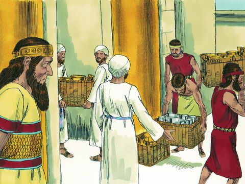 O rei da Assíria exigiu o pagamento de trezentos talentos (11 toneladas) de prata e trinta talentos (1 tonelada) de ouro. Ezequias deu-lhe toda a prata e ouro nos tesouros do palácio real e do templo. – Slide número 11