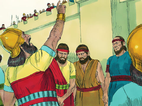 Eles gritaram: “O grande rei da Assíria diz: Não deixem Ezequias enganá-los. Ele não pode libertá-los de mim. Não acreditem nele quando ele lhe disser que o Senhor irá resgatá-los. Algum deus foi capaz de parar o exército Assírio?” Os que ouviam no muro permaneceram em silêncio como haviam sido instruídos. Os oficiais de Ezequias voltaram com as vestes rasgadas de tristeza, para informar o rei. – Slide número 15