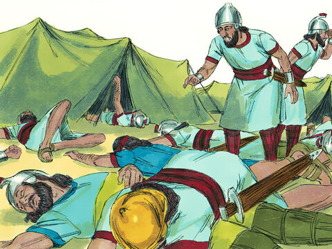 Naquela noite, o anjo do Senhor foi ao acampamento Assírio e matou 185.000 homens. Quando as pessoas se levantaram na manhã seguinte, havia cadáveres por toda parte. O rei Senaqueribe levantou acampamento e se retirou para Nínive. – Slide número 20