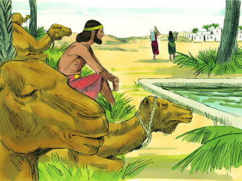 Ele fez os camelos se ajoelharem perto do poço fora da cidade. Já era quase noite, quando as mulheres saem para tirar água. – Slide número 7
