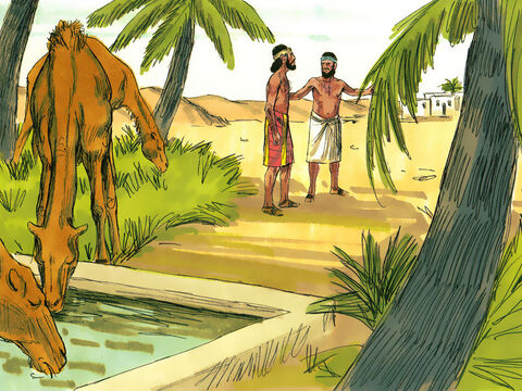 Rebeca correu para casa e seu irmão Labão voltou para buscar o servo de Abraão e os camelos. – Slide número 12