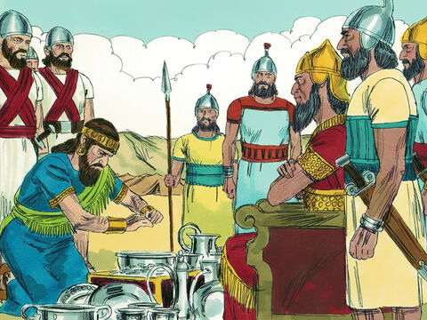 O rei Manaém optou por não lutar contra os poderosos assírios, mas deu-lhes enormes quantias de prata com promessas de pagar-lhes um tributo anual em dinheiro. – Slide número 5