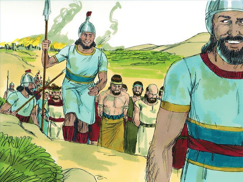 Finalmente, a cidade se rendeu e os habitantes foram capturados. Eles foram conduzidos de volta para a Assíria como prisioneiros e escravos. – Slide número 12