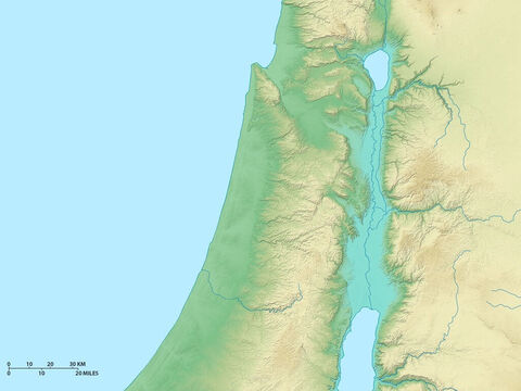 Mapa do norte de Israel mostrando o lago da Galileia e o rio Jordão fluindo para o sul através da fenda do vale. Mar Mediterrâneo a oeste. – Slide número 1