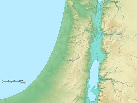 Mapa de Israel mostrando o lago da Galileia, ao norte, e a região superior do Mar Morto, ao sul. Mar Mediterrâneo a oeste. – Slide número 2