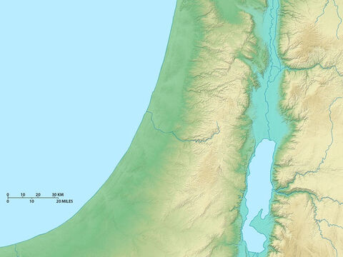 Mapa de Israel mostrando as regiões central e sul. Ao sul, está o Mar Morto. – Slide número 3