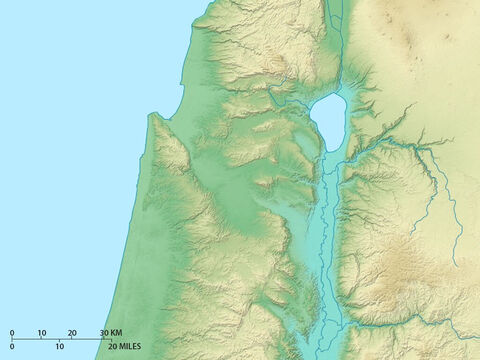 Mapa das regiões norte de Israel, mostrando o lago da Galileia, a fenda norte do vale do Jordão e o vale de Jezreel, percorrendo do oeste para o litoral. Planície de Sarom, a oeste. – Slide número 7