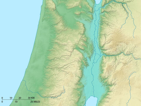 Mapa das regiões centrais de Israel, mostrando a fenda do vale do Jordão, as montanhas centrais e a planície costeira. – Slide número 8