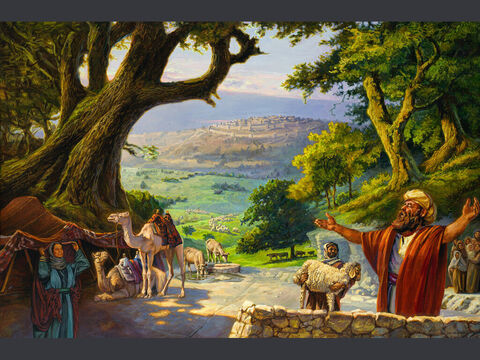 O altar de Abrão em Hebrom. “Então Abrão mudou seu acampamento e passou a viver próximo aos carvalhos de Manre, em Hebrom, onde construiu um altar dedicado ao Senhor.” (Gênesis 13:18) Texto completo: Gênesis 13:1–18 – Slide número 1