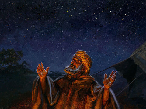 Uma descendência é prometida a Abrão. “Levando-o para fora da tenda, disse-lhe: ‘Olhe para o céu e conte as estrelas, se é que pode contá-las’. E prosseguiu: ‘Assim será a sua descendência’. Abrão creu no Senhor, e isso lhe foi creditado como justiça.” (Gênesis 15:5–6) Texto completo: Gênesis 15:1–6 – Slide número 3