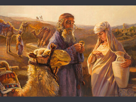 Eliézer e Rebeca. “Quando os camelos acabaram de beber, o homem deu à jovem um pendente de ouro de seis gramas beca e duas pulseiras de ouro de cento e vinte gramas...” (Gênesis 24:22) Texto completo: Gênesis 24:1–66 – Slide número 7