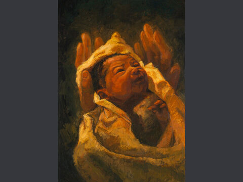 Enrolado em panos. “...e ela deu à luz o seu primogênito. Envolveu-o em panos e o colocou numa manjedoura, porque não havia lugar para eles na hospedaria.” (Lucas 2:7) Texto completo: Lucas 2:1–7 – Slide número 3