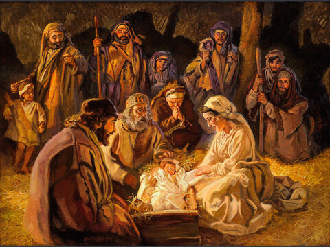 Adoração dos pastores. “Então correram para lá e encontraram Maria e José e o bebê deitado na manjedoura.” (Lucas 2:16) Texto completo: Lucas 2:8–20 – Slide número 4