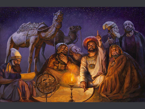 A visita dos magos. “Depois que Jesus nasceu em Belém da Judeia, nos dias do rei Herodes, magos vindos do oriente chegaram a Jerusalém e perguntaram: ‘Onde está o recém-nascido rei dos judeus? Vimos a sua estrela no oriente e viemos adorá-lo’.” (Mateus 2:1–2) Texto completo: Mateus 2:1–12 – Slide número 7