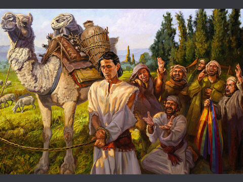 José é vendido por seus irmãos. “Quando os mercadores ismaelitas de Midiã se aproximaram, seus irmãos tiraram José do poço e o venderam por vinte peças de prata aos ismaelitas, que o levaram para o Egito.” (Gênesis 37:28) Texto completo: Gênesis 37:13–28 – Slide número 2