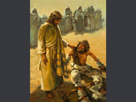 A cura do leproso. “Um leproso aproximou-se dele e suplicou-lhe de joelhos: ‘Se quiseres, podes purificar-me!’<br/>Cheio de compaixão, Jesus estendeu a mão, tocou nele e disse: ‘Quero. Seja purificado!’ Imediatamente a lepra o deixou, e ele foi purificado.” Marcos 1:40–42 – Slide número 4