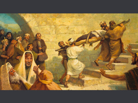 A cura do paralítico. “Vieram alguns homens trazendo um paralítico numa maca e tentaram fazê-lo entrar na casa, para colocá-lo diante de Jesus.” (Lucas 5:18) Texto completo: Lucas 5:17–25 – Slide número 5