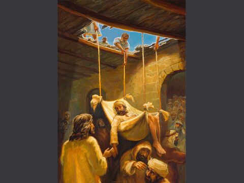 Um paralítico é baixado do telhado. “Vieram alguns homens trazendo um paralítico numa maca e tentaram fazê-lo entrar na casa, para colocá-lo diante de Jesus. Não conseguindo fazer isso, por causa da multidão, subiram ao terraço e o baixaram em sua maca, através de uma abertura, até o meio da multidão, bem em frente de Jesus.” (Lucas 5:18–19) Texto completo: Lucas 5:17–25 – Slide número 6