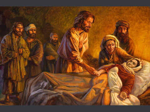 Jesus ressuscita a filha de Jairo dos mortos. “Mas ele a tomou pela mão e disse: ‘Menina, levante-se!’” (Lucas 8:54) Texto completo: Lucas 8:40–56 – Slide número 10
