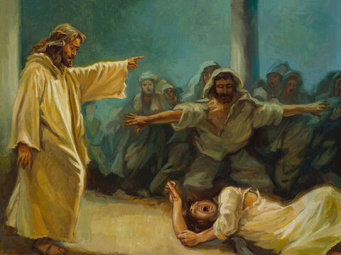 Um possesso por demônio é liberto. “’Cale-se e saia dele!’, repreendeu-o Jesus. O espírito imundo sacudiu o homem violentamente e saiu dele gritando.” (Marcos 1:25–26) Texto completo: Marcos 1:23–26 – Slide número 11