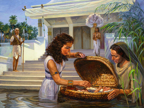 O nascimento de Moisés. “A filha do faraó descera ao Nilo para tomar banho. Enquanto isso, as suas servas andavam pela margem do rio. Nisso viu o cesto entre os juncos e mandou sua criada apanhá-lo. Ao abri-lo, viu um bebê chorando. Ficou com pena dele e disse: ‘Este menino é dos hebreus.’” (Êxodo 2:5–6) Texto completo: Êxodo 2:1–10 – Slide número 1